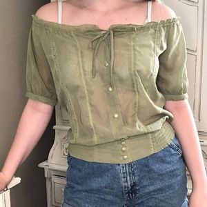 💐Olive Drawstring Sheer Puff Sleeve Blouse